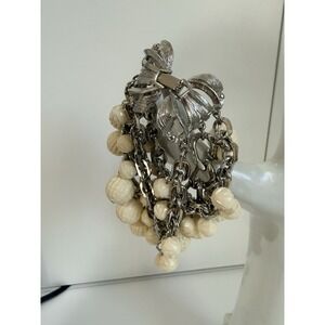 Vintage Yochi NY Bow Charm Bracelet Strands Silver Tone Cream Ball Charms